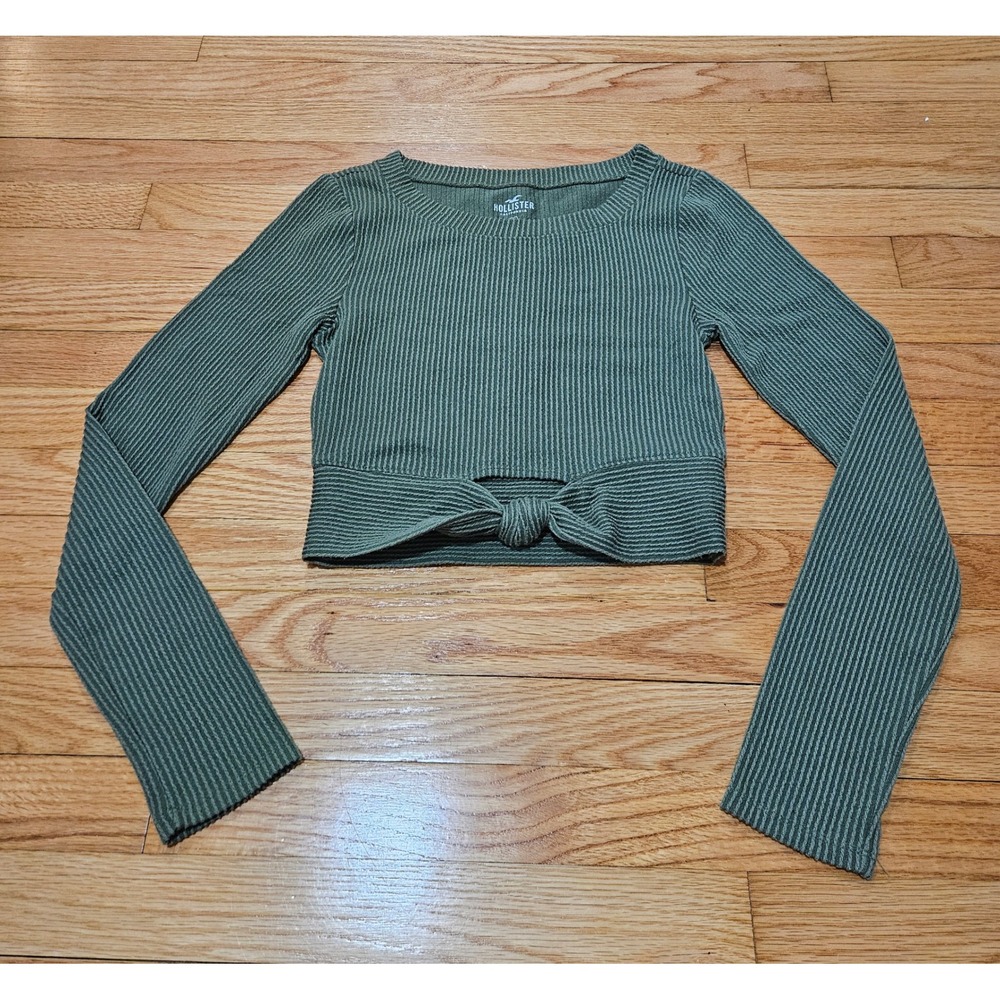 Hollister Green Ribbed Crop Top Long Sleeve Shirt with Tie Front, Size Small